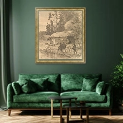 «Вскоре мы добрались до площадки. Мальчик ушел вперед с собаками и умело развел огонь в камине» в интерьере зеленой гостиной над диваном