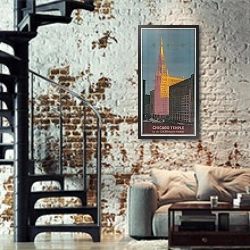 «Chicago Temple» в интерьере двухярусной гостиной в стиле лофт с кирпичной стеной