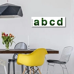 «Буквы a,b,c,d с зелёными листьями» в интерьере столовой в скандинавском стиле с яркими деталями