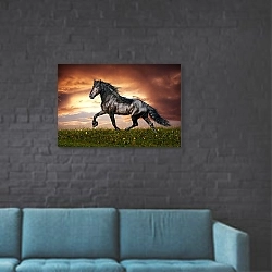 «Черный конь» в интерьере в стиле лофт с черной кирпичной стеной