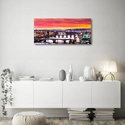 «Чехия, Прага. Мосты над Влатвой на закате» в интерьере стильной минималистичной гостиной в белом цвете