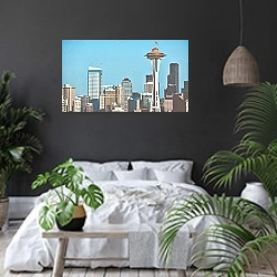 «Город Сиэтл» в интерьере современной спальни с черными стенами