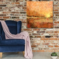«Оранжевая абстракция 1» в интерьере в стиле лофт с кирпичной стеной и синим креслом