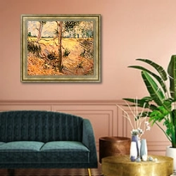 «Деревья в поле солнечным днем» в интерьере классической гостиной над диваном