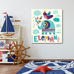 «Мультяшный слоненок и птица» в интерьере детской комнаты для мальчика в морской тематике