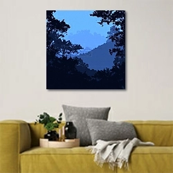 «Силуэты деревьев  на фоне гор» в интерьере в скандинавском стиле с желтым диваном