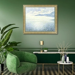 «Прибрежный пейзаж» в интерьере гостиной в зеленых тонах