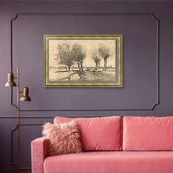 «Wilgen aan de sloot in de Binckhorst in Den Haag» в интерьере гостиной с розовым диваном