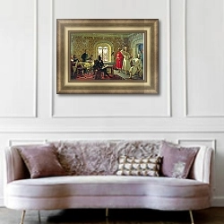 «Итальянский посланник Кальвуччи зарисовывает любимых соколов царя Алексея Михайловича» в интерьере гостиной в классическом стиле над диваном