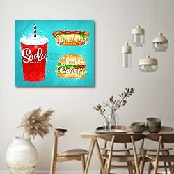 «Набор из соды, хот-дога и бургера» в интерьере кухни в стиле ретро над обеденным столом