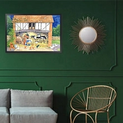 «Nativity 2» в интерьере классической гостиной с зеленой стеной над диваном
