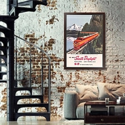 «The new Shasta Daylight Portland  San Francisco.» в интерьере двухярусной гостиной в стиле лофт с кирпичной стеной