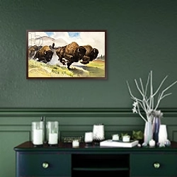 «These buffalo are bison, 1962» в интерьере прихожей в зеленых тонах над комодом