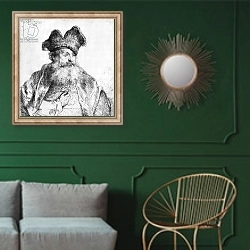 «Portrait of an old man» в интерьере классической гостиной с зеленой стеной над диваном