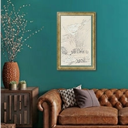 «Поток, падающий с юго-запада в верховья Ваймакарири» в интерьере гостиной с зеленой стеной над диваном