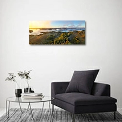 «Беларусь. Рассвет в парке Браславские озёра №2» в интерьере современной комнаты с серой банкеткой