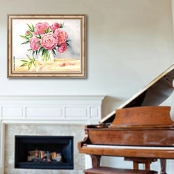 «Розовые пионы в вазе, акварельный набросок» в интерьере классической гостиной над камином