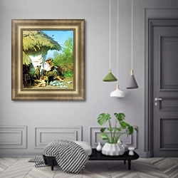 «Сельская идиллия. 1886» в интерьере классической гостиной с зеленой стеной над диваном