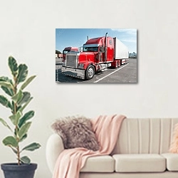 «Красный грузовик с хромированными частями» в интерьере современной светлой гостиной над диваном