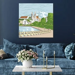 «Городской пейзаж с церковью и рекой» в интерьере современной гостиной в синем цвете