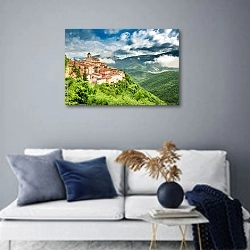 «Прекрасный небольшой городок на холме, Умбрия, Италия» в интерьере современной гостиной в синих тонах