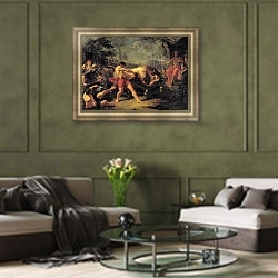 «Испытание силы Яна Усмаря. 1796» в интерьере гостиной в оливковых тонах