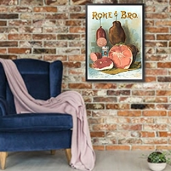 «RoheBro» в интерьере в стиле лофт с кирпичной стеной и синим креслом