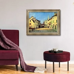 «Площадь в Аржантее» в интерьере гостиной в бордовых тонах