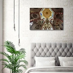 «Купол с витражами в храме» в интерьере спальни в скандинавском стиле над кроватью