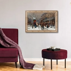 «Paris, boulevard en hiver» в интерьере гостиной в бордовых тонах
