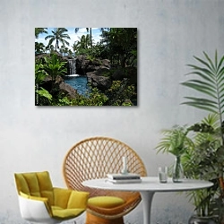 « Тропический водопад» в интерьере современной гостиной с желтым креслом