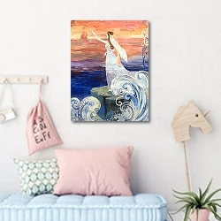 «Drawing lonely girl looks into the distance of the sea and dream» в интерьере детской комнаты для девочки в пастельных тонах