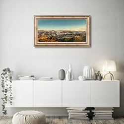 «A Vast Panorama of the Koralpe» в интерьере стильной минималистичной гостиной в белом цвете