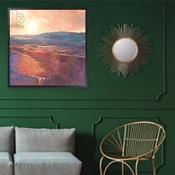 «Welsh Mountains, 2014» в интерьере классической гостиной с зеленой стеной над диваном