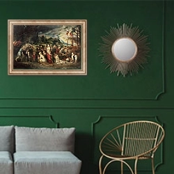 «Aeneas prepares to lead the Trojans into exile, c.1602» в интерьере классической гостиной с зеленой стеной над диваном