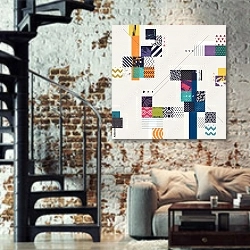 «Абстрактная многоцветная геометрическая композиция 3» в интерьере двухярусной гостиной в стиле лофт с кирпичной стеной