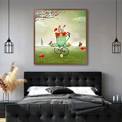 «Весенний букет в чашке» в интерьере современной спальни с черной кроватью