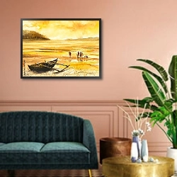 «Группа людей на пляже, акварель» в интерьере гостиной с розовым диваном