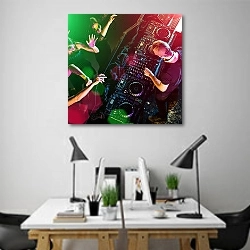 «Ди-джей за пультом в ночном клубе » в интерьере современного офиса над столами работников