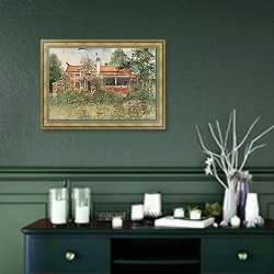 «Коттедж» в интерьере прихожей в зеленых тонах над комодом