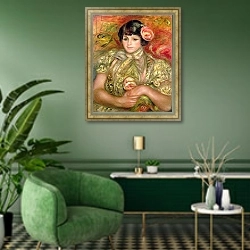 «Woman with a Rose, 1900» в интерьере гостиной в зеленых тонах