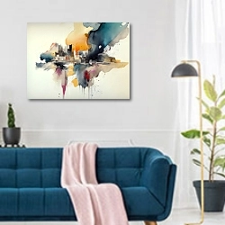 «Цветные города 3» в интерьере современной гостиной над синим диваном