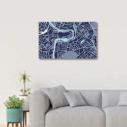 «План города Берн, Швейцария, в синем цвете» в интерьере светлой гостиной в скандинавском стиле