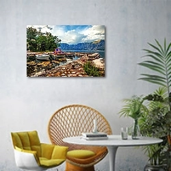 «Черногория. Котор 4» в интерьере современной гостиной с желтым креслом