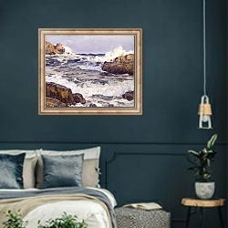 «Clearing after September Gale–Maine Coast» в интерьере классической спальни с темными стенами