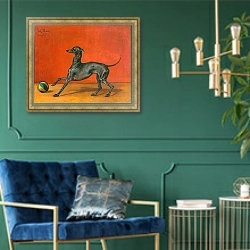 «Борзая или итальянская борзая с мячом» в интерьере в классическом стиле с зеленой стеной