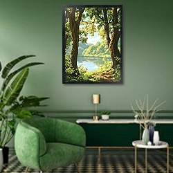 «The silvery surface of the forest river» в интерьере гостиной в зеленых тонах