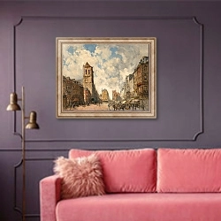 «Рынок в Пон-Одемере» в интерьере гостиной с розовым диваном