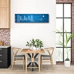 «Городская панорама 5» в интерьере кухни с кирпичными стенами над столом