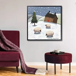 «Sheep in the Snow» в интерьере гостиной в бордовых тонах
